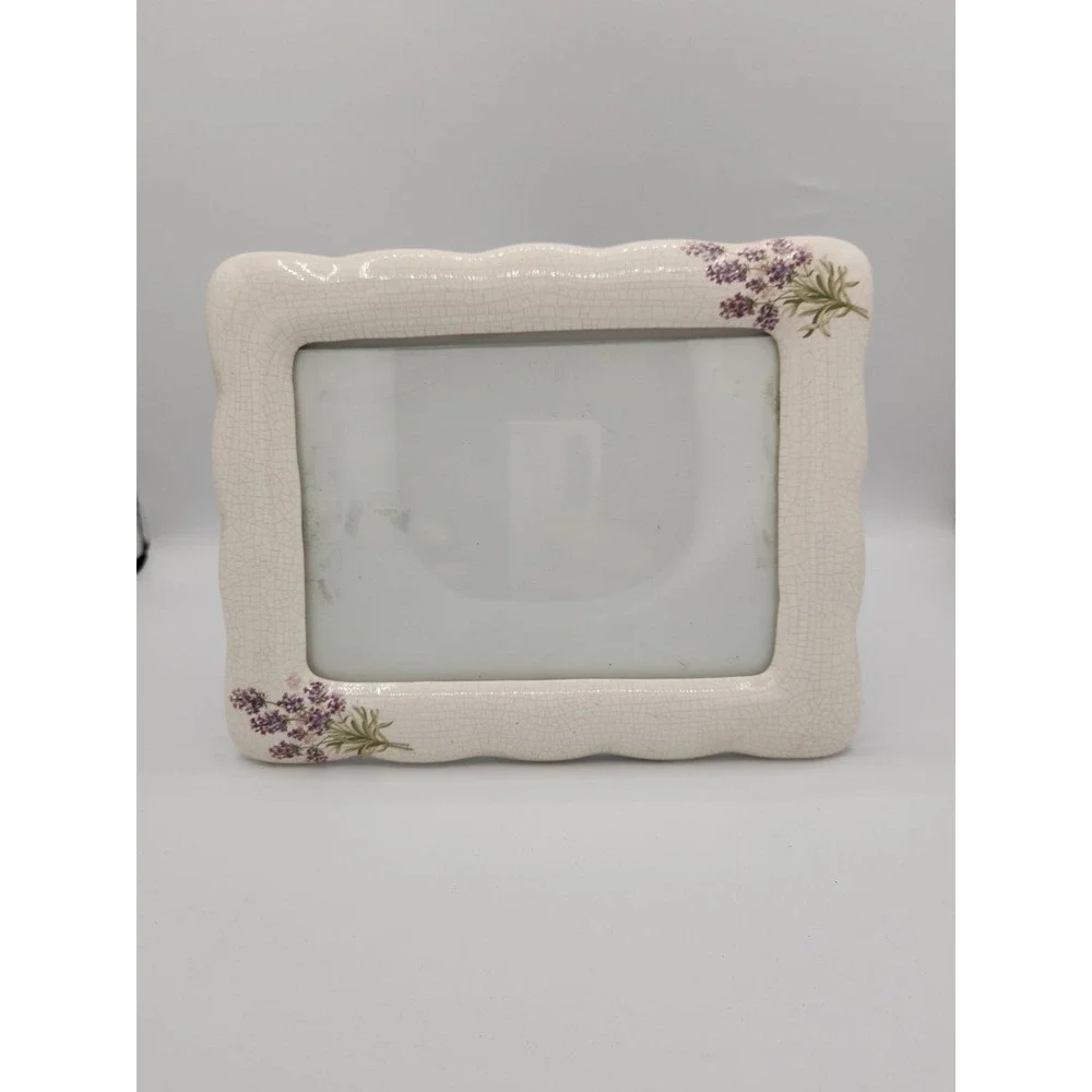 Vintage White Porcelain Frame Photo Picture with Purple Flowers ‎ Decor